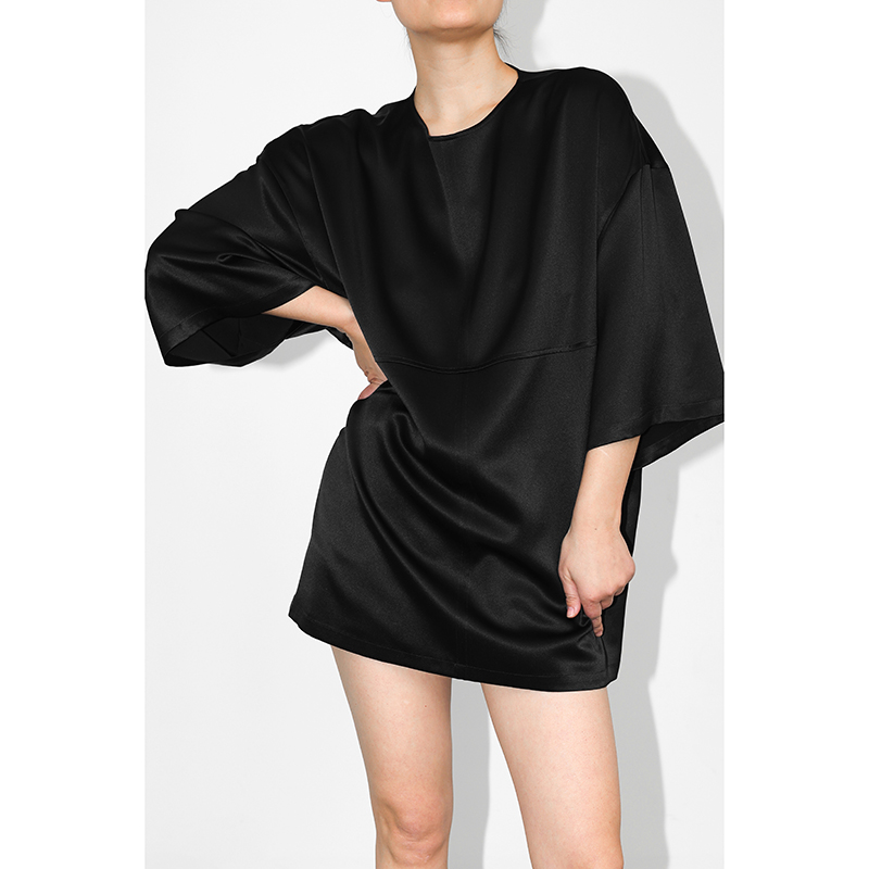 JUZININE原创设计重磅真丝T恤桑蚕丝拼接衬衫宽松中长款套头上衣