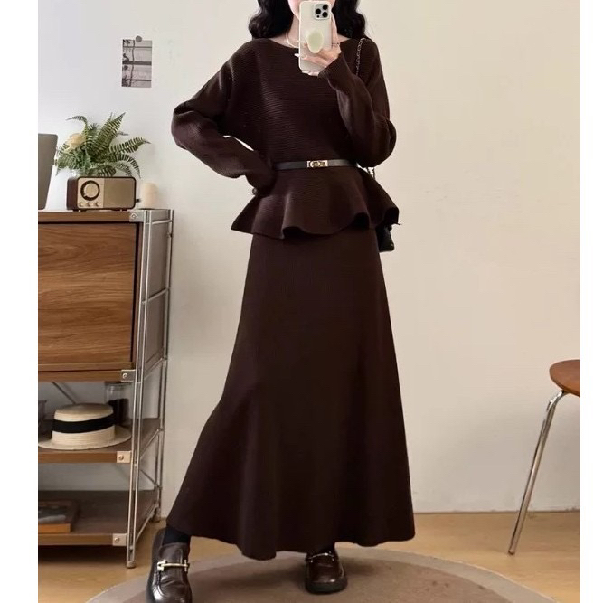 欧货～羊绒混纺，不带腰带，飞飞边针织时尚套装，均码，百搭，显瘦