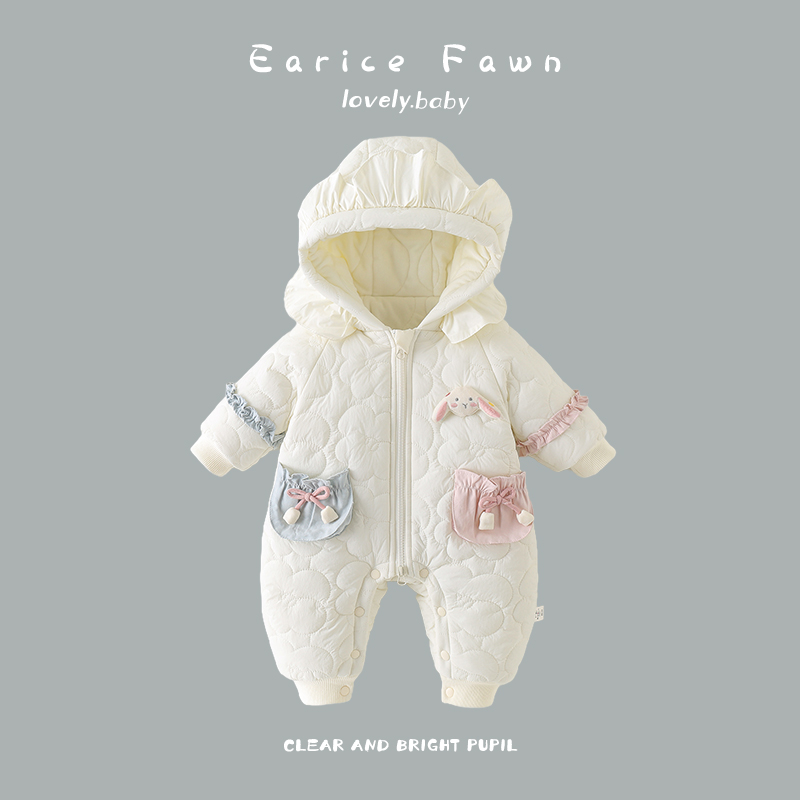 YM婴儿冬季加绒加厚爬服网红冬天夹棉棉衣新生儿长袖连体衣外穿棉