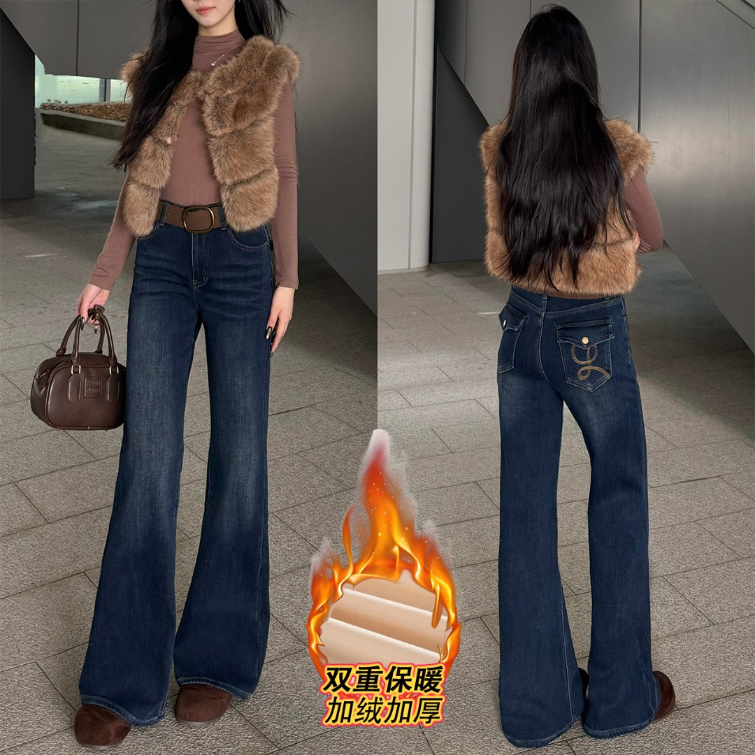 秋冬季加绒加厚防寒修身弹力微喇复古蓝牛仔裤女修身百搭显高显瘦