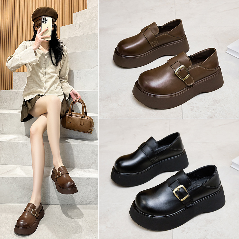 皮面勃肯拖鞋女2025年新款松糕一脚蹬厚底乐福鞋修面休闲鞋女