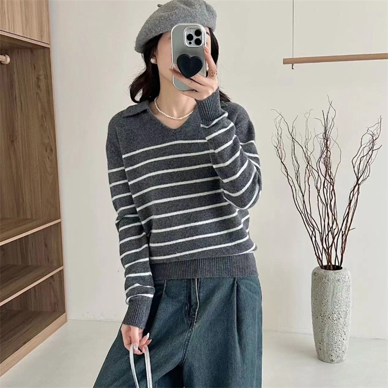 【老板娘专属】100%山羊绒时尚减龄POLO翻领条纹撞色百搭针织衫上衣