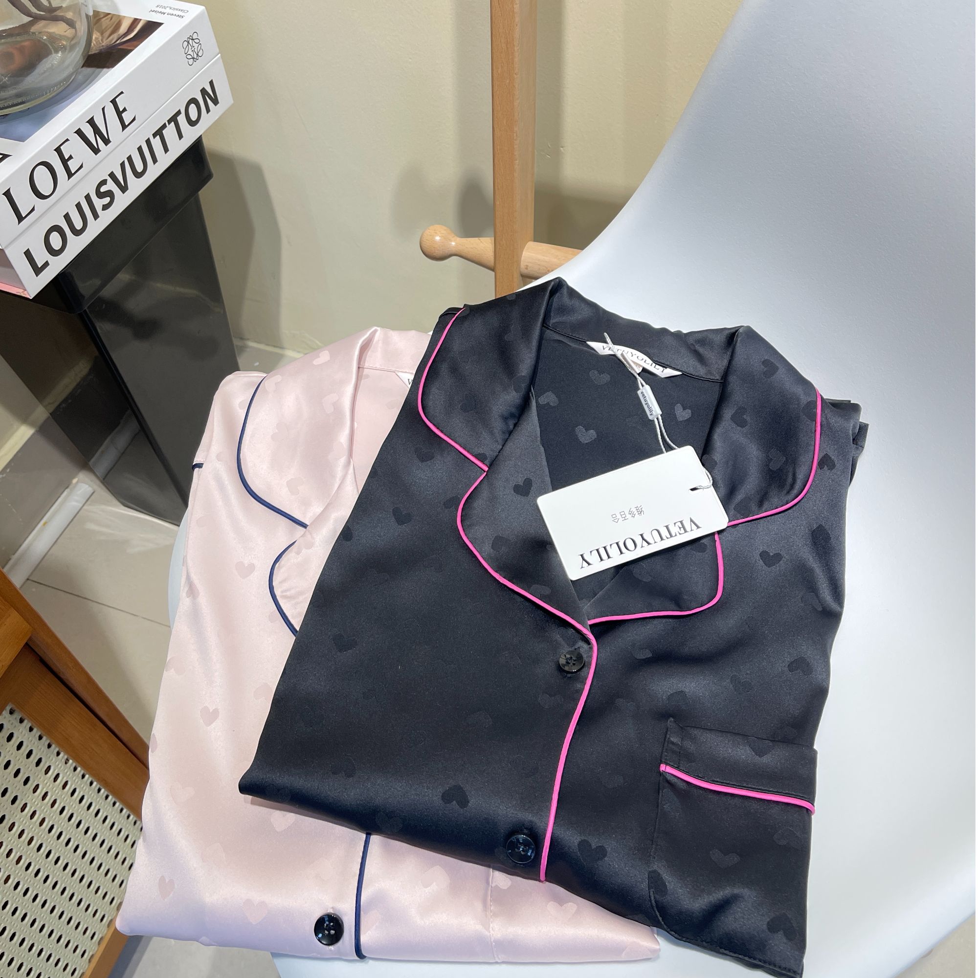 睡衣套装女春秋冬爱心冰感缎面宽松简约小众大码睡衣家居服