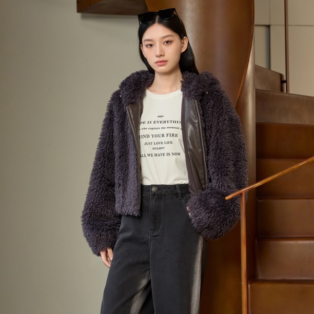 华家曼商场同款冬季加厚短款连帽毛绒保暖外套