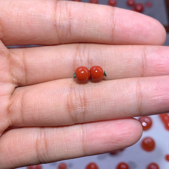 南红玛瑙瓦西老型对珠6.2×5.2肉玫未镶嵌微纹