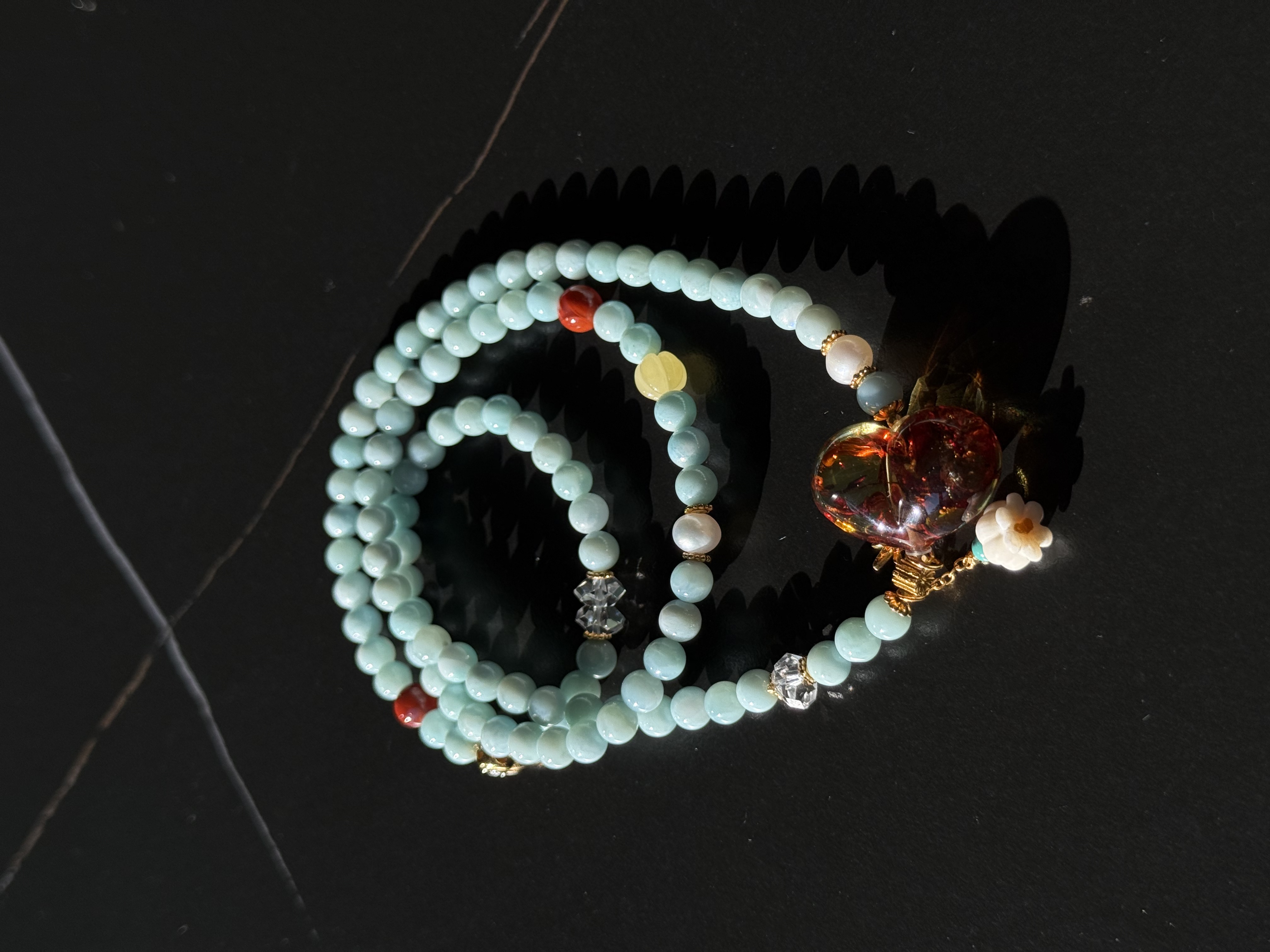 手链 少女风海纹屁桃小珀三圈手链