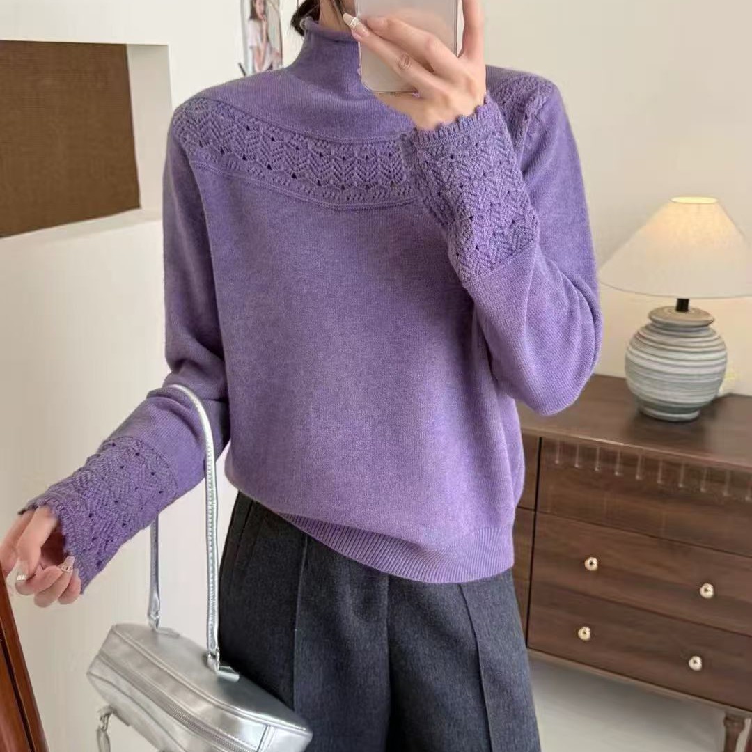 秋冬时尚百搭羊毛半高领镂空袖口针织打底毛衣女洋气毛衫套头