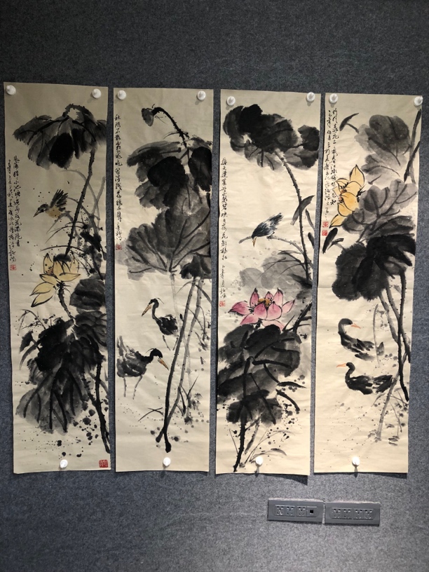 荷花水墨写意四条屏