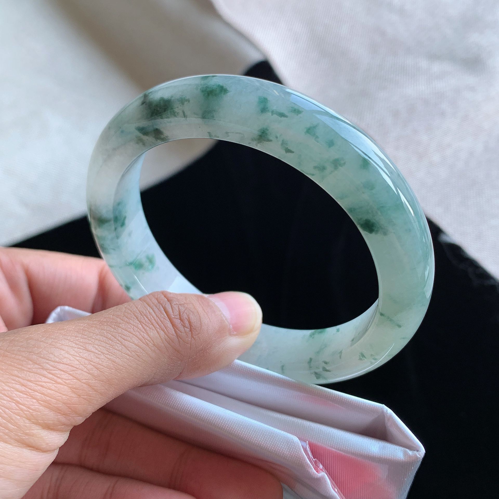 58圈口飘花翡翠手镯缅甸天然ａ货老坑精品百搭玉镯Q503-5-3