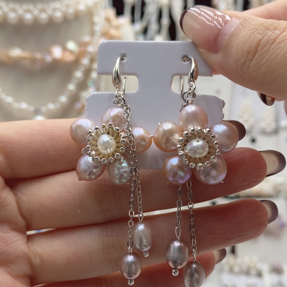 耳饰银S925镶嵌淡水珍珠