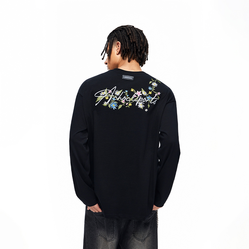 【Achock官方店】潮牌嘻哈花体刺绣logo打底上衣美式宽松长袖T恤