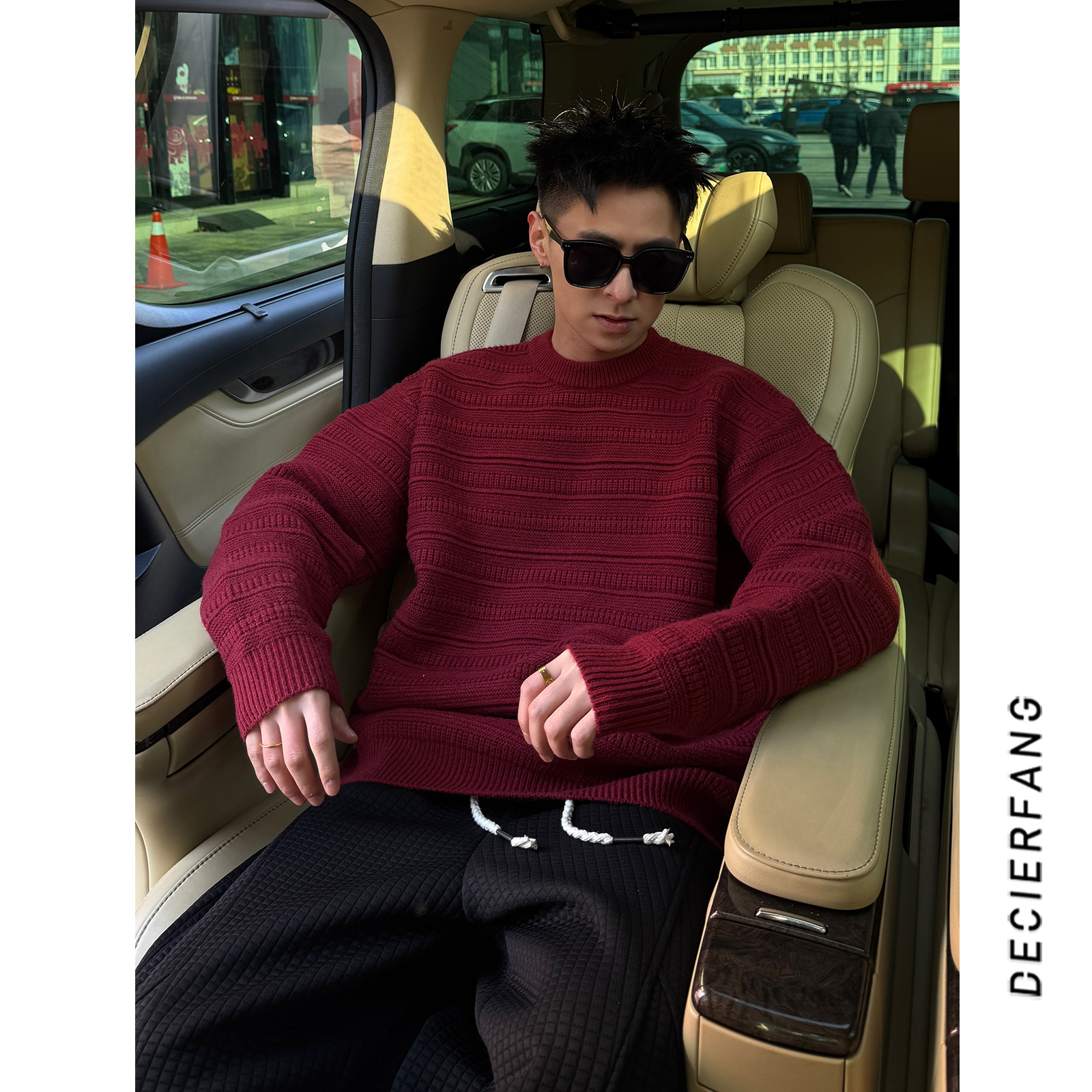 【氛围感 肌理条纹】冬季落肩套头毛衣男士宽松保暖针织衫