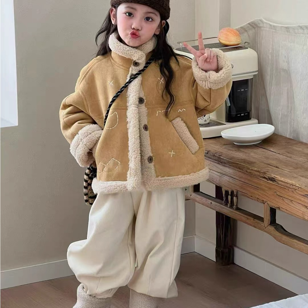 女童外套2025秋冬新款韩版时髦洋气加绒加厚羊羔绒一体绒保暖棉服