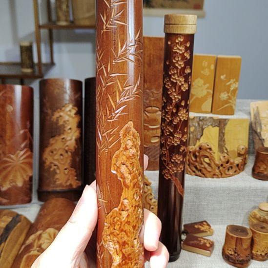 肆***林竹竹雕竹石线香筒手把件