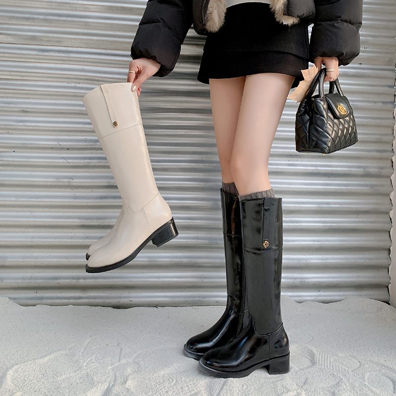 4CM学院风时尚简约高筒长靴2025秋冬新款圆头粗跟侧拉链骑士靴女