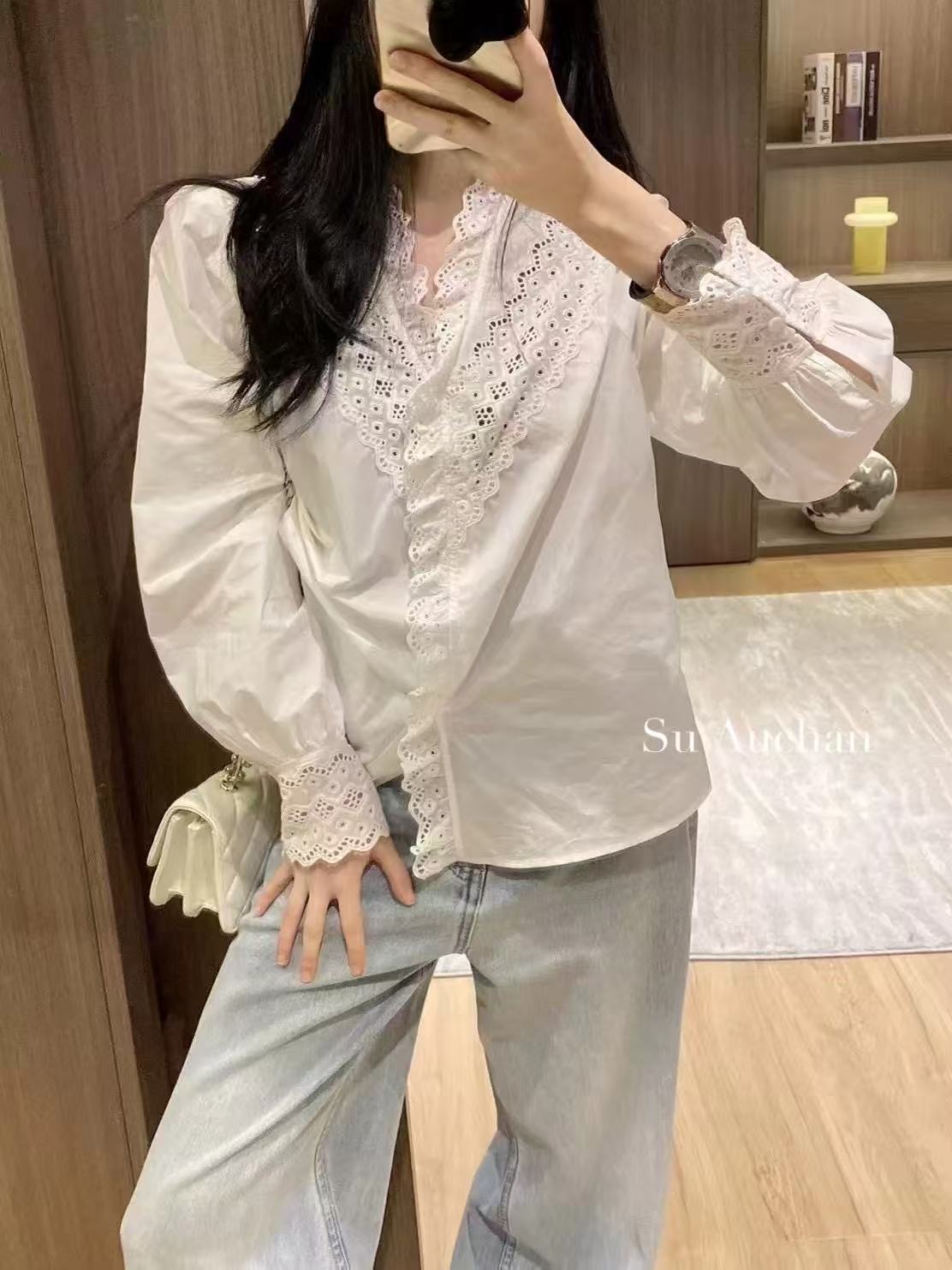 欧洲站2025早春新款 设计师款小众法式纯欲风甜美刺绣镂空衬衫女