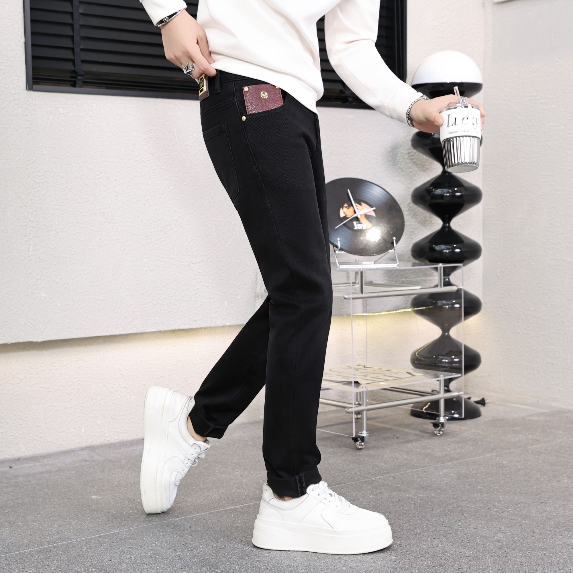 冬季新款加绒加厚保暖牛仔裤男款时尚弹力百搭修身小脚长裤九分裤