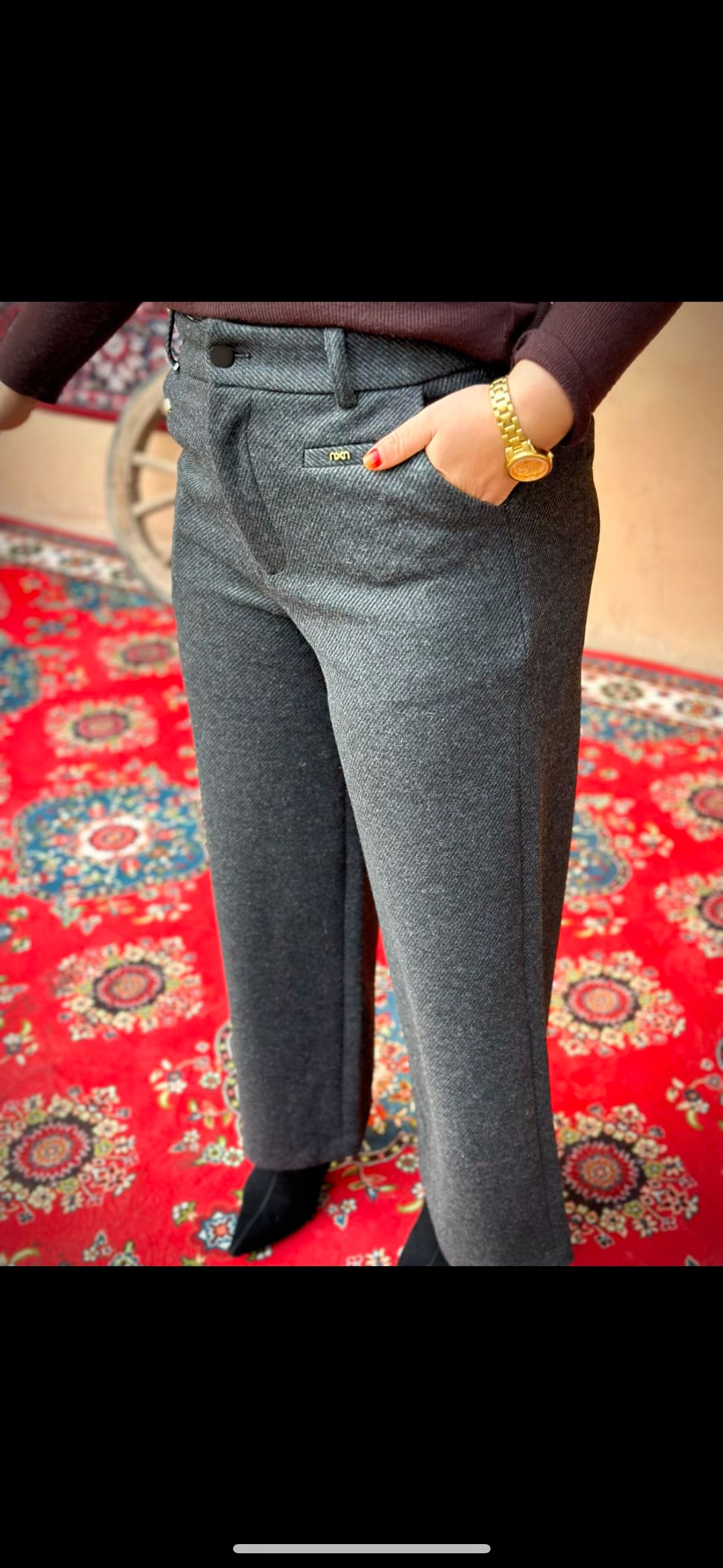 口袋秋冬通勤风条纹阔腿裤休闲裤百搭直筒简约黑色女士羊绒网红