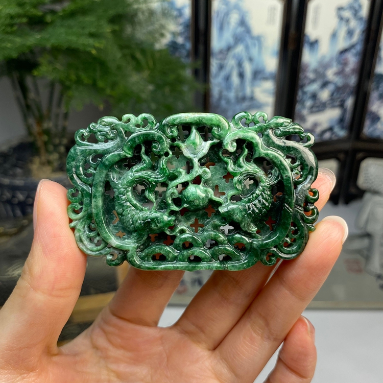 老料满绿双鱼年年有余鱼玉横挂件 天然翡翠A货 