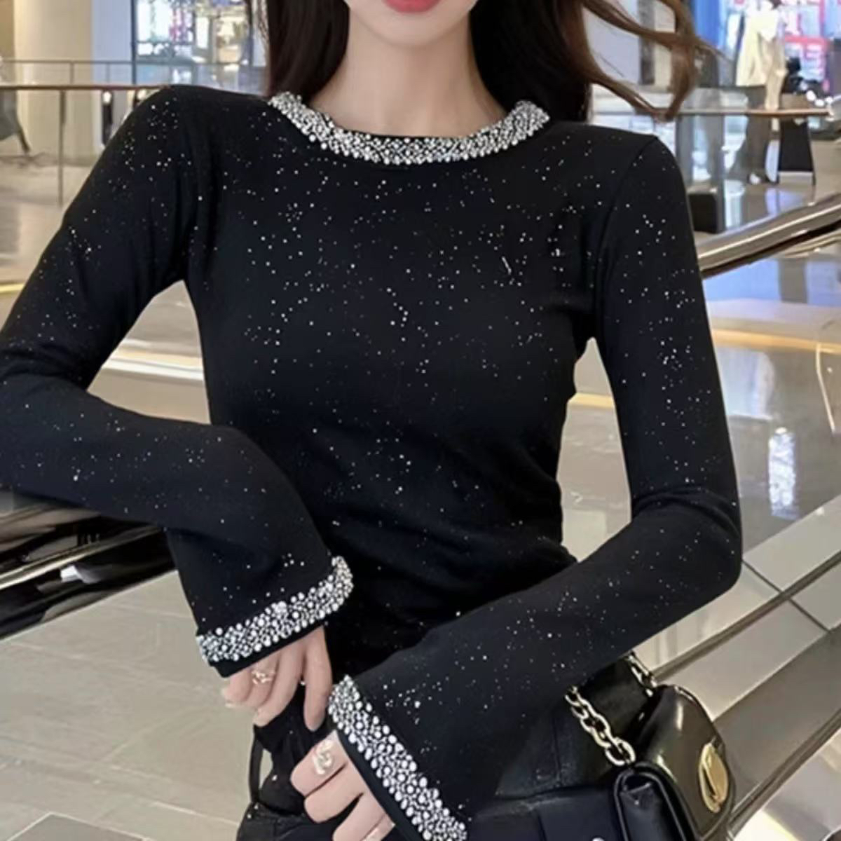 欧货圆领重工闪闪长袖T恤女打底衫百搭显瘦洋气上衣/1359