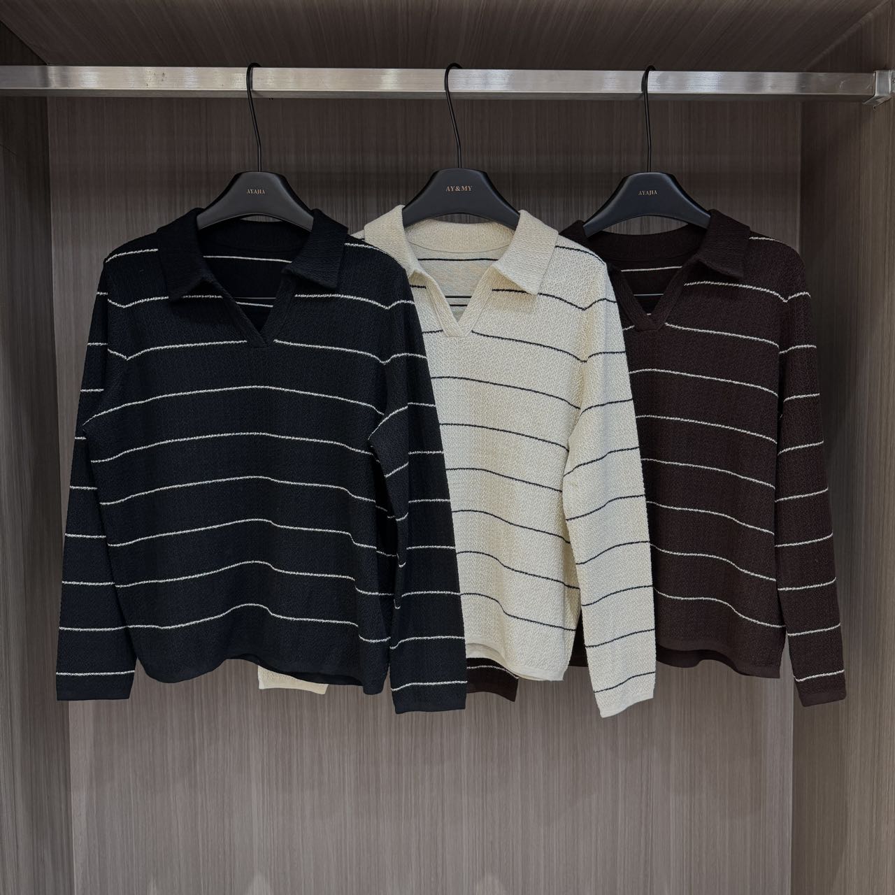 MAOYANJIA-978189-爆米花条纹翻领针织长袖条纹上衣