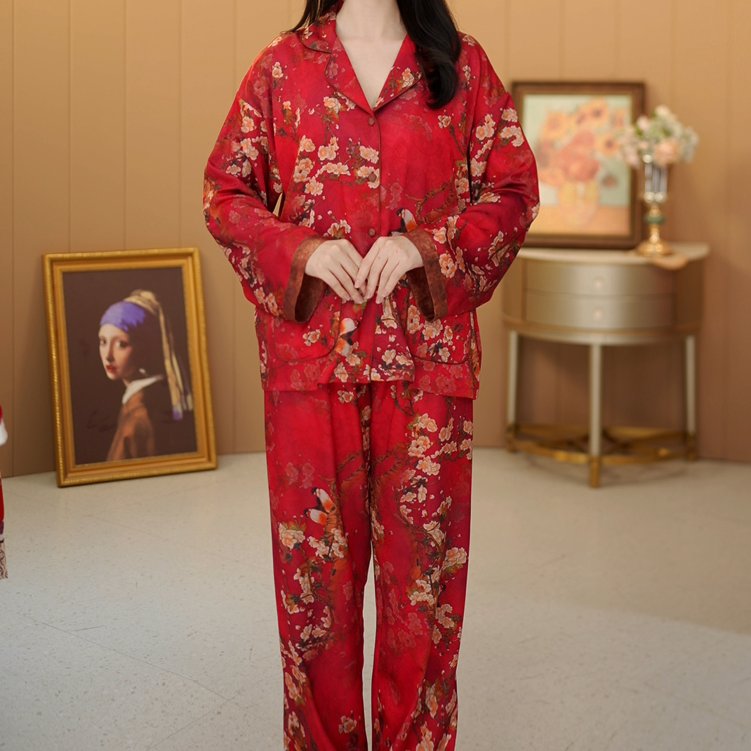 西湖丝韵 【喜至福来】25春季新款新年红休闲宽松薄款长袖家居服