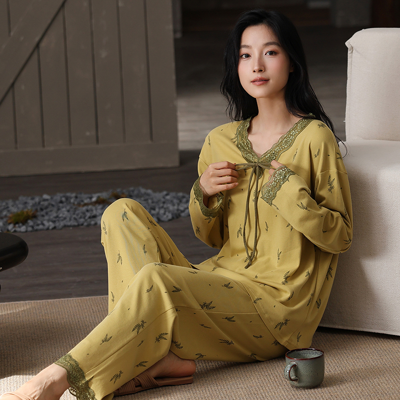 6052秋冬季高档爽棉女士睡衣长袖休闲套装新款家居服宽松女士睡衣