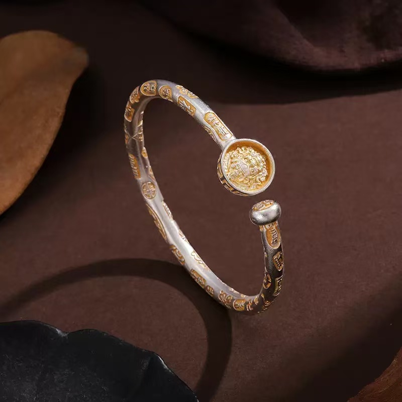 足银银制品 B22黄财神描金手镯开口款