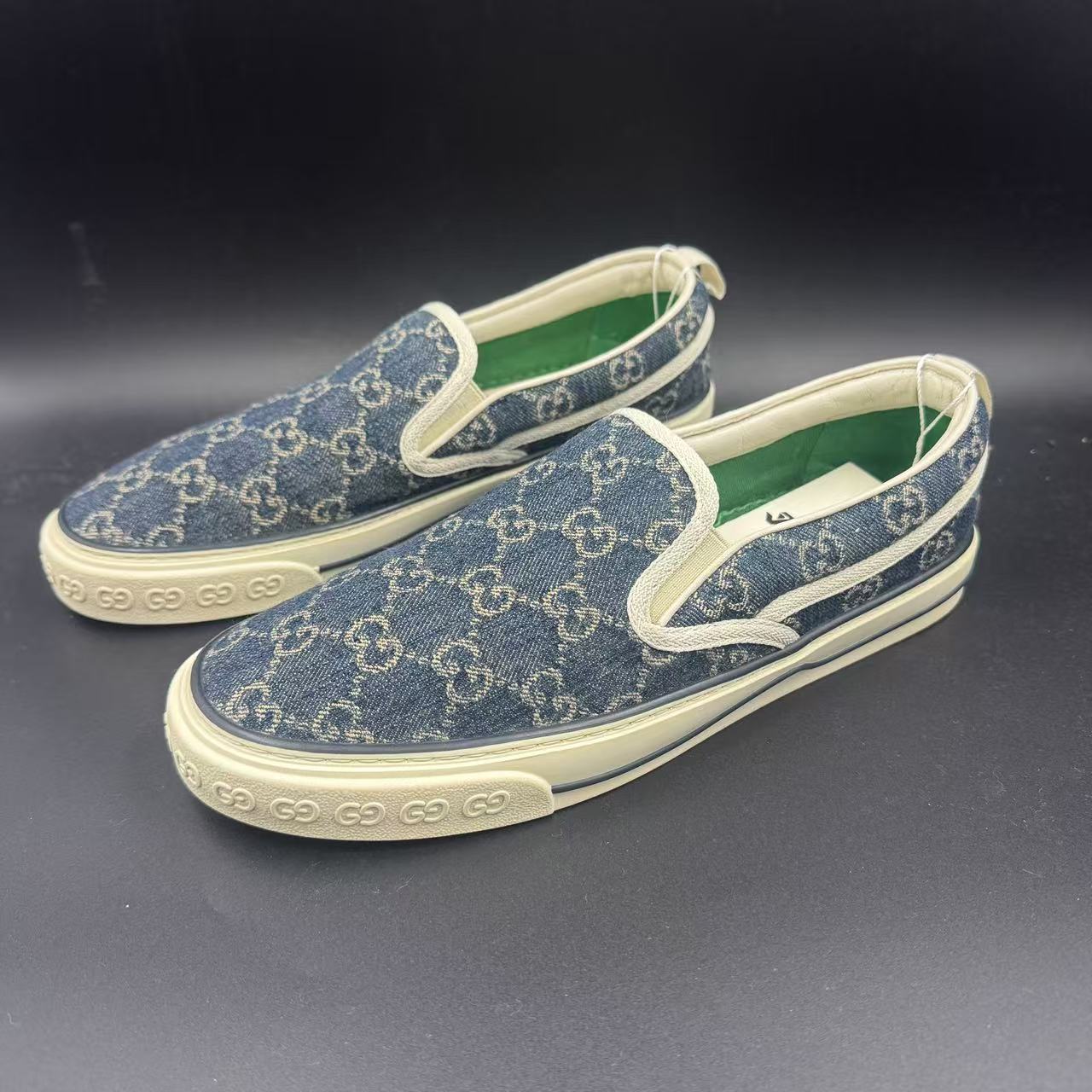95新 GUCCI/古驰 男士牛仔蓝老花1977一脚蹬板鞋 42.5码 lo399s