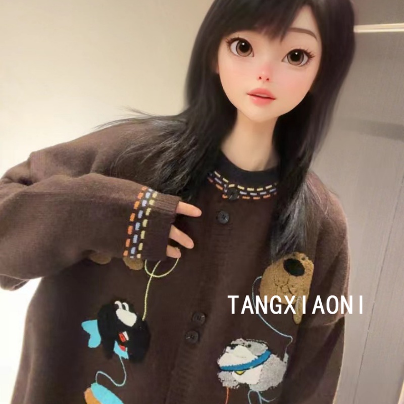 5店 韩单出【玩耍狗狗】童趣咖系毛衣 慵懒大版潮牌女装