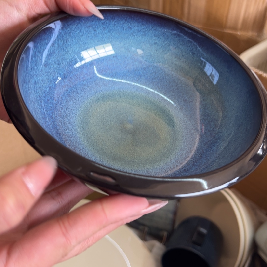 新骨瓷180瑕疵慎拍麟彩蓝 6.75寸折口碗