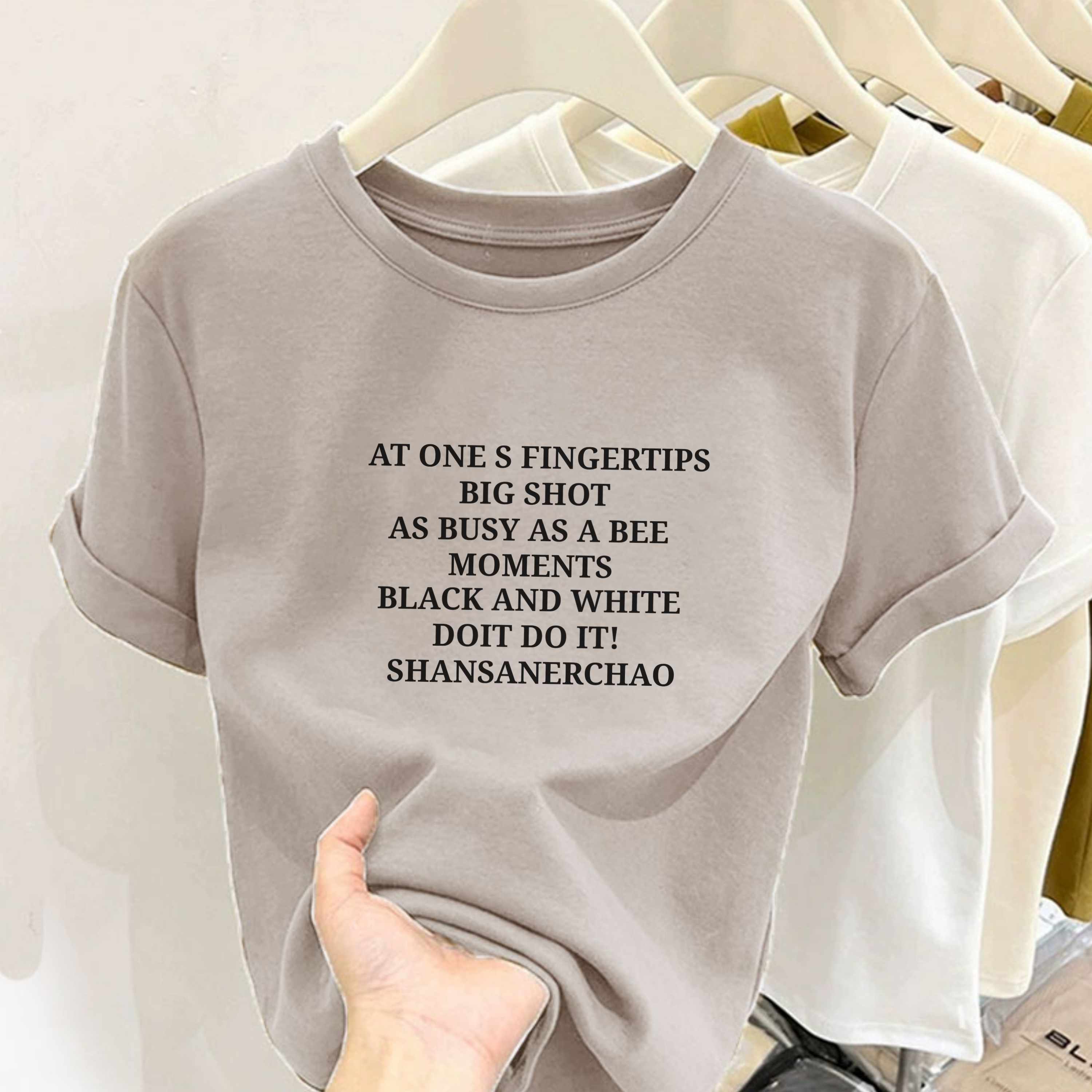 新款圆领黑白字母AT ONE印花纯棉短袖小个子女修身显瘦百搭上衣