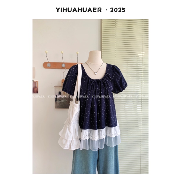 东大门韩系夏款时尚蕾丝下摆波点泡泡袖宽松显瘦方领衬衫2635