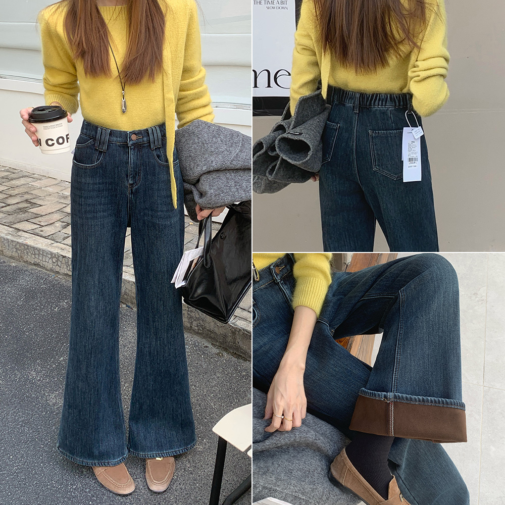 2025年冬季新款时尚百搭大码高腰显瘦加绒加厚牛仔微喇裤