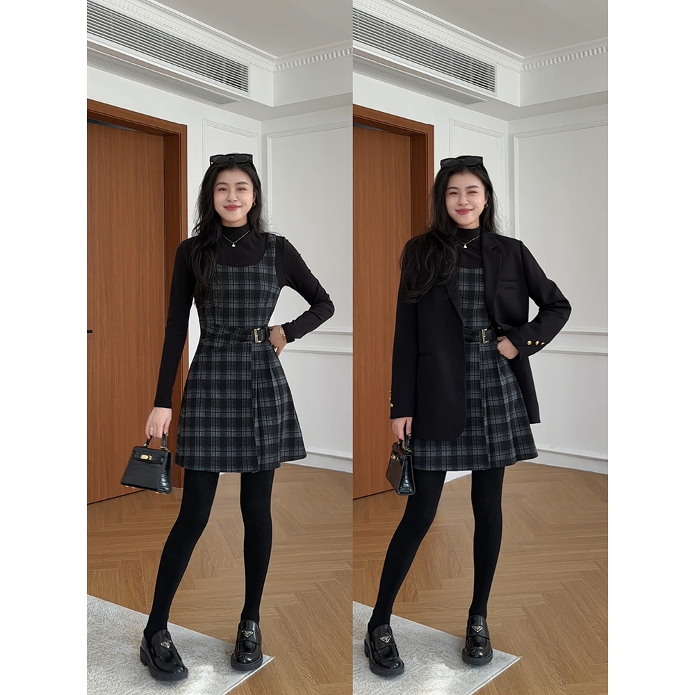张阿星【日杂格纹裙】秋冬假两件半高领格纹撞色拼接收腰修身连衣裙