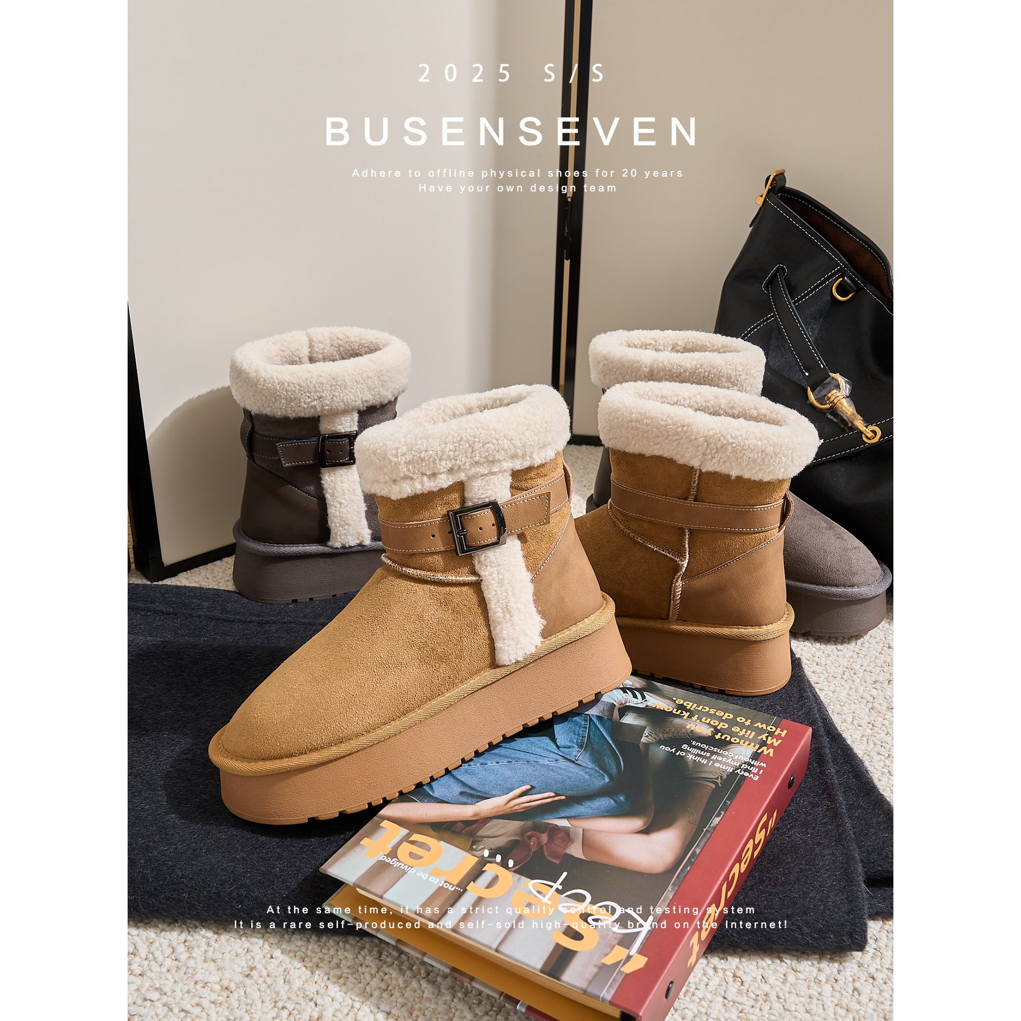 柒步森林厚底皮带扣短筒雪地靴时尚百搭加绒保暖棉鞋子女冬季新款