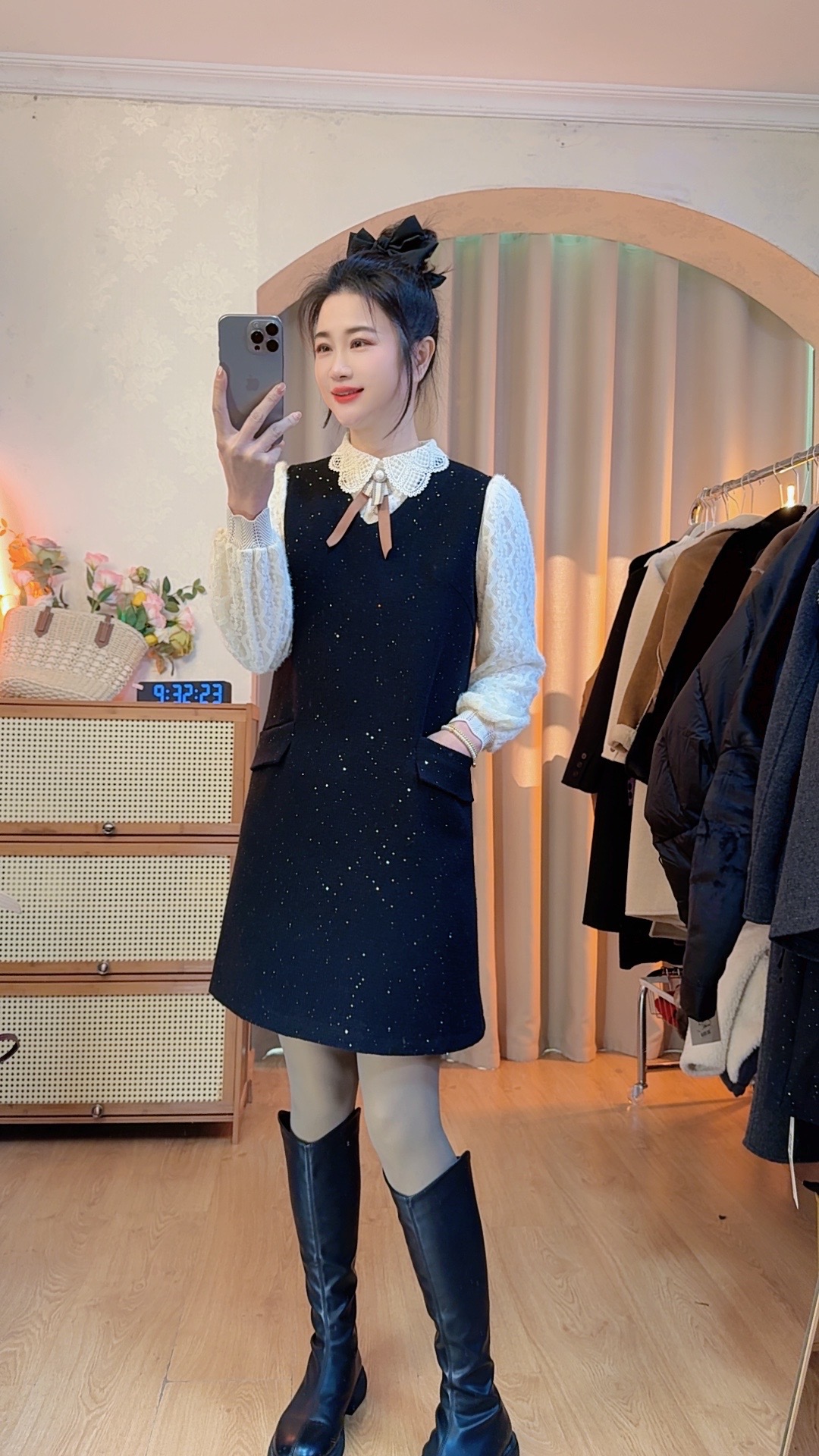 高端女装小香风毛呢V领马甲时尚百搭遮肉显瘦连衣裙中长秋冬521款