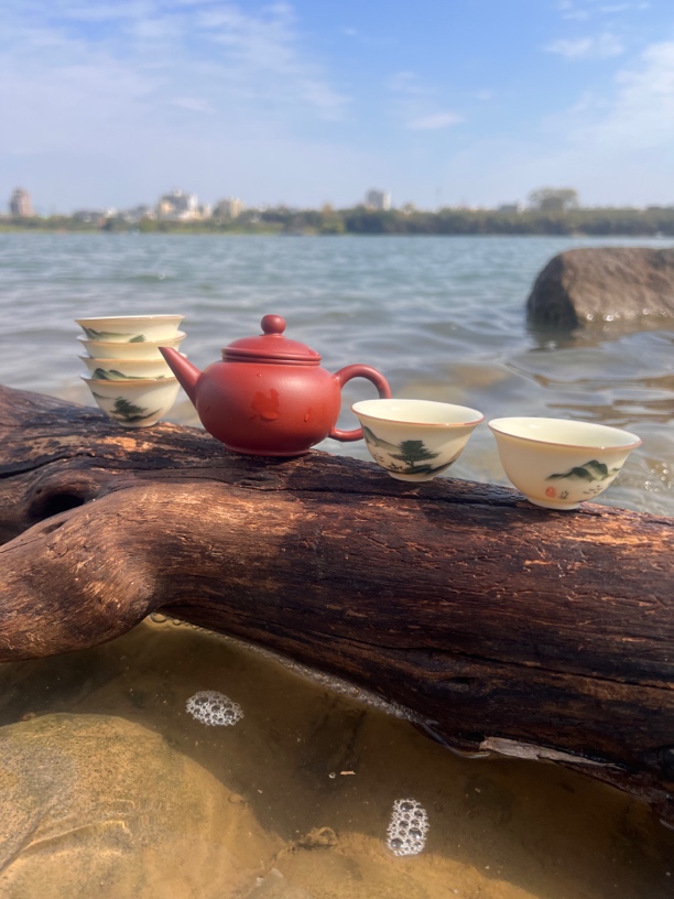 潮州传统朱泥壶加赠六个90年代老艺人釉下手绘茶杯