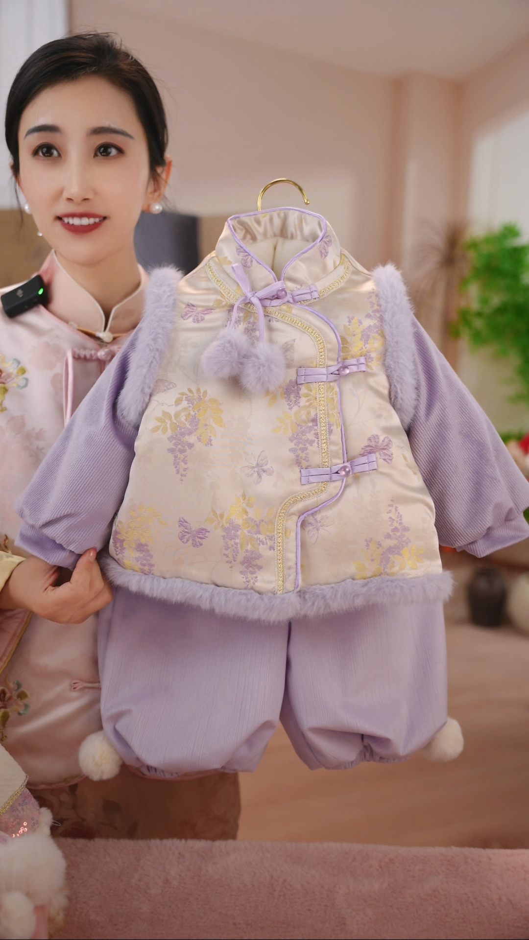 【紫藤】SC778女童冬季国风加绒棉衣外套加厚裤子国风套装拜年服