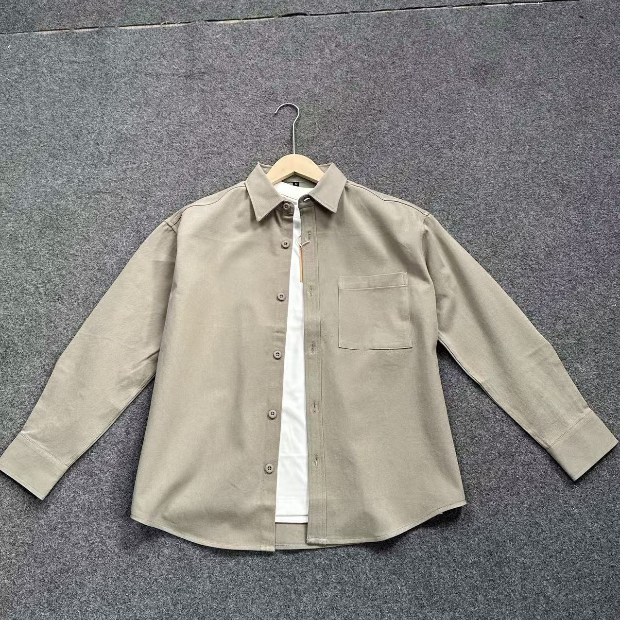 GC15青灰色重磅水洗棉全棉宽松长袖休闲衬衫