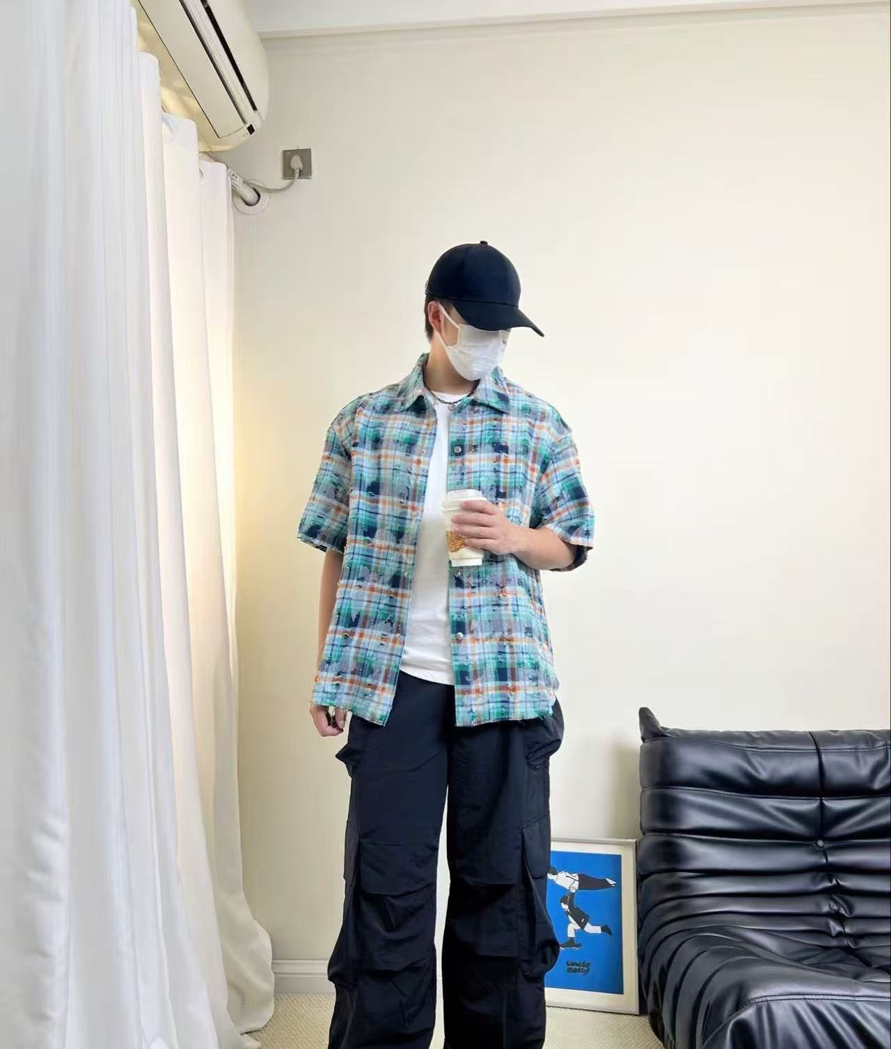 C家落肩流苏破坏格子衬衫