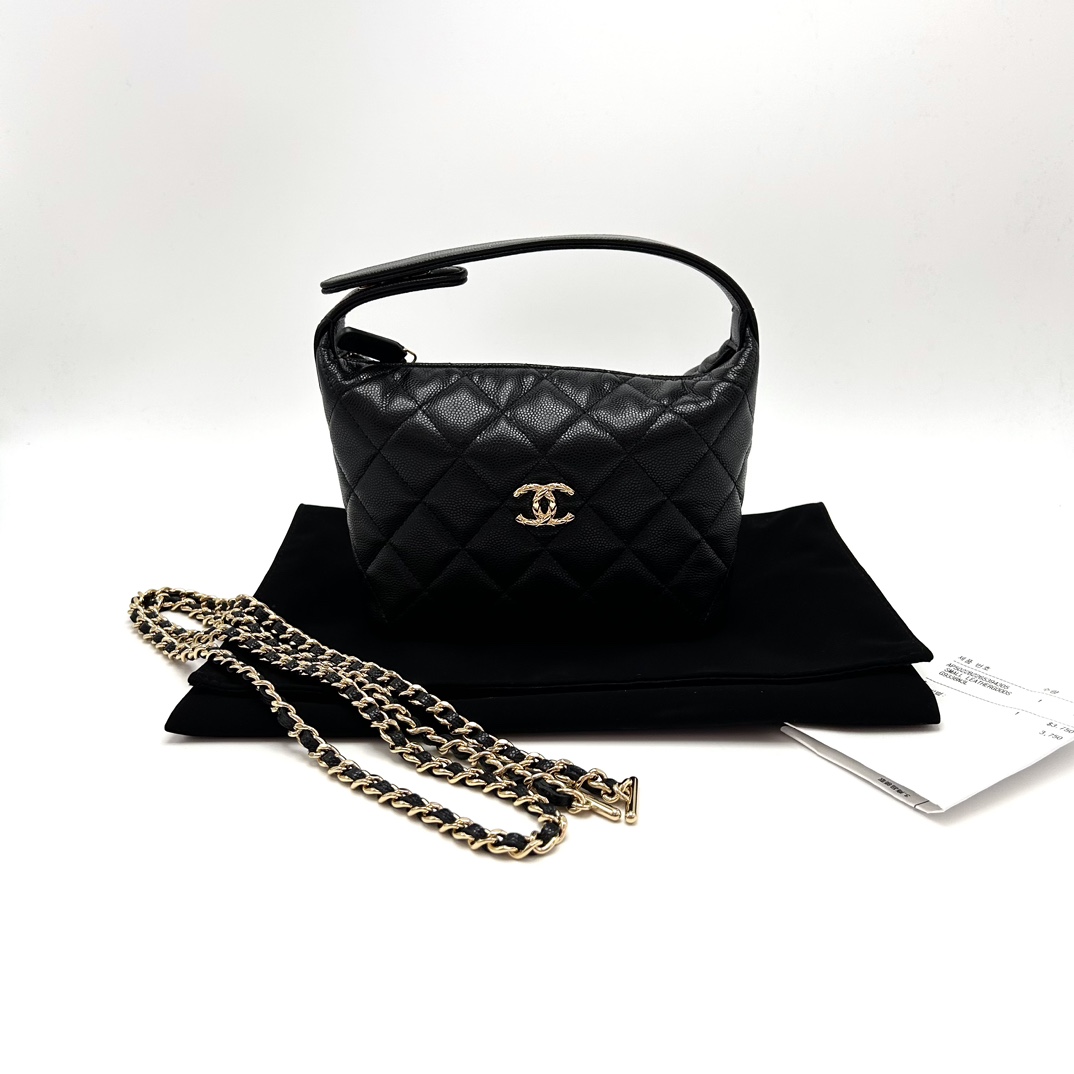 99新 Chanel/香奈儿 黑金菱格纹26c手提斜挎饭盒包16237