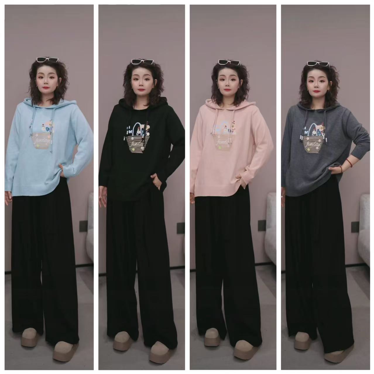 【刺绣花连帽针织上衣帽衫】XP 9931