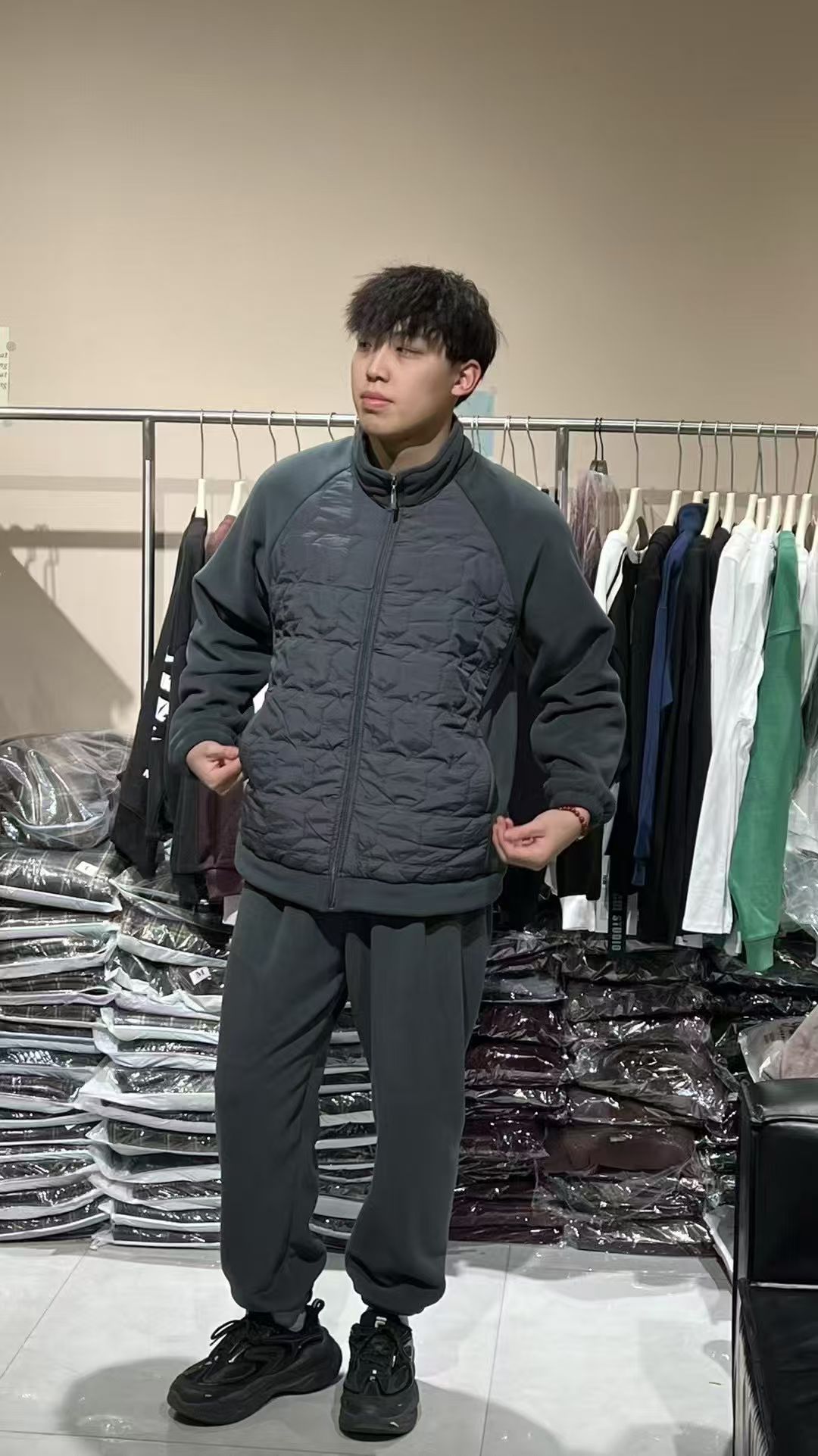 纯色常规款立领男冬季长裤家居服男士运动加厚秋冬奥利绒拼接