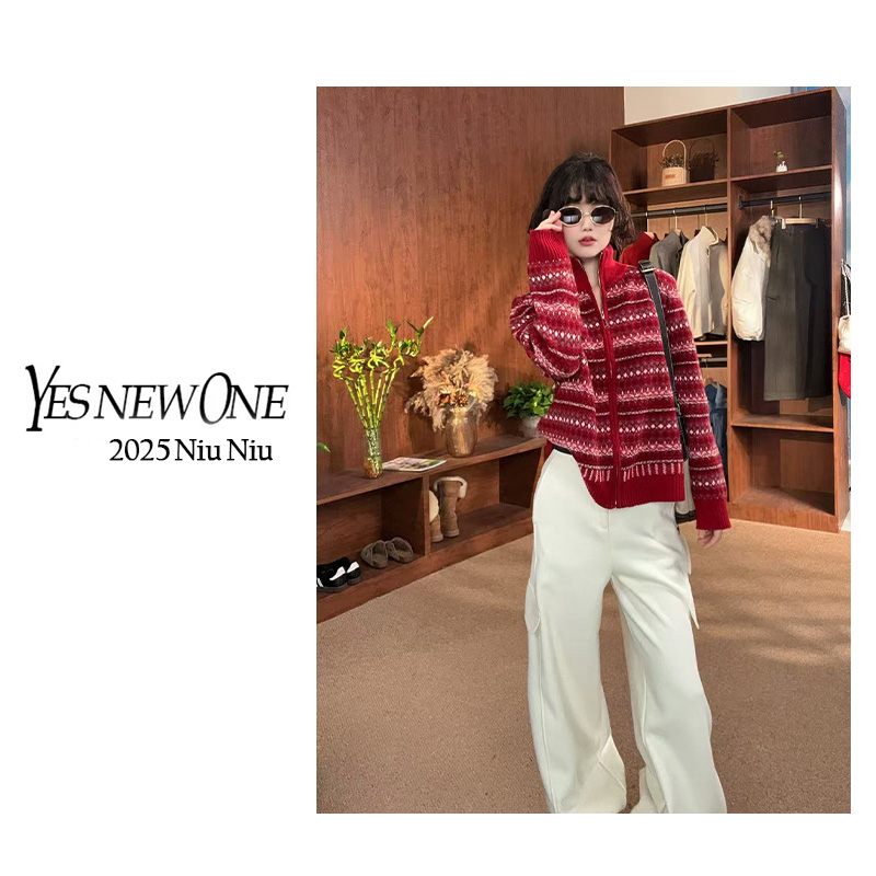 NIUNIU【妙女郎】100%羊毛费尔岛复古提花长袖宽松针织开衫 219012