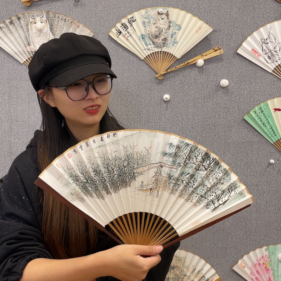 书法95寸红木-纯手绘-文玩扇骨（默认粘好）