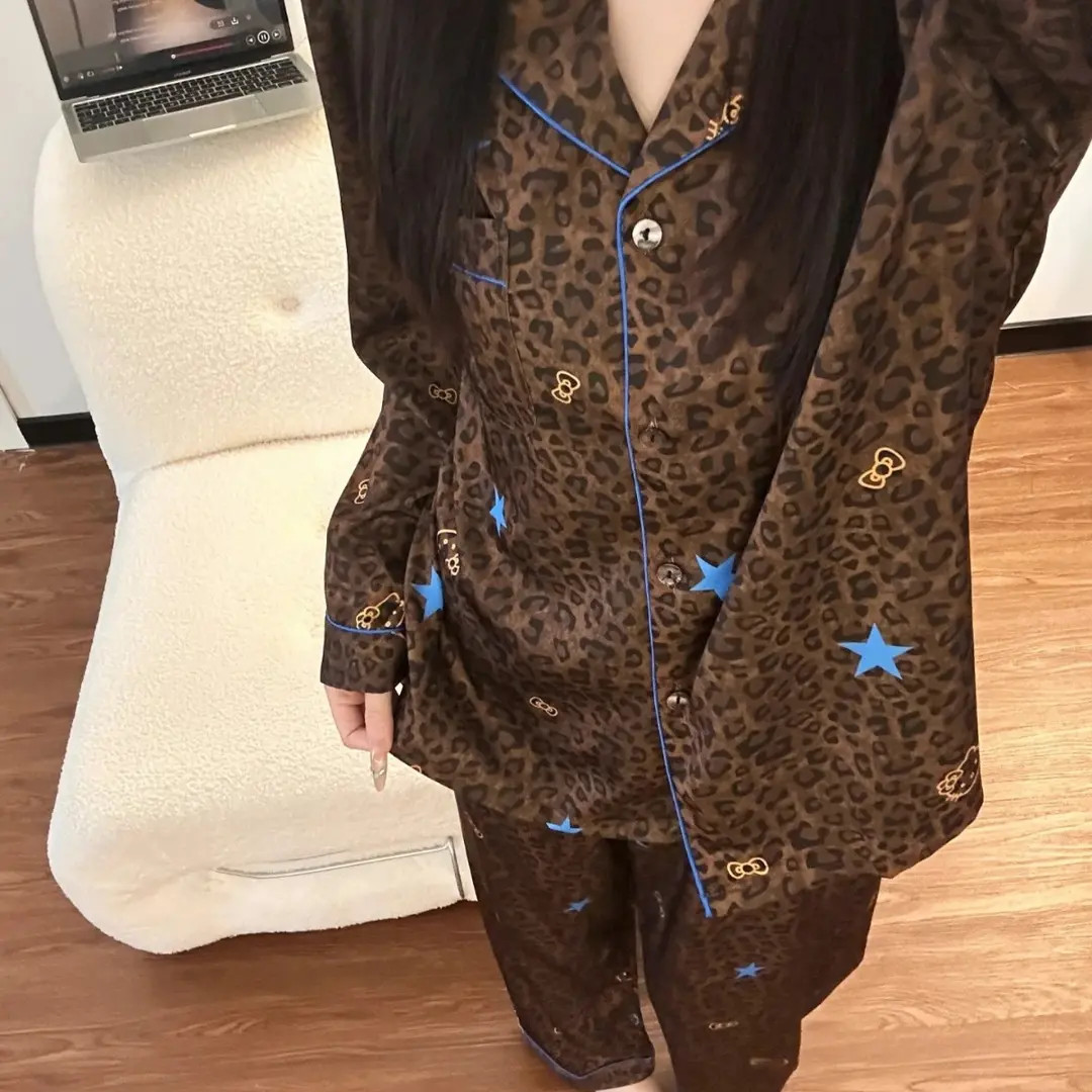 琥珀流光风豹纹KT猫睡衣女春秋季开衫翻领2025新款家居服长袖长裤