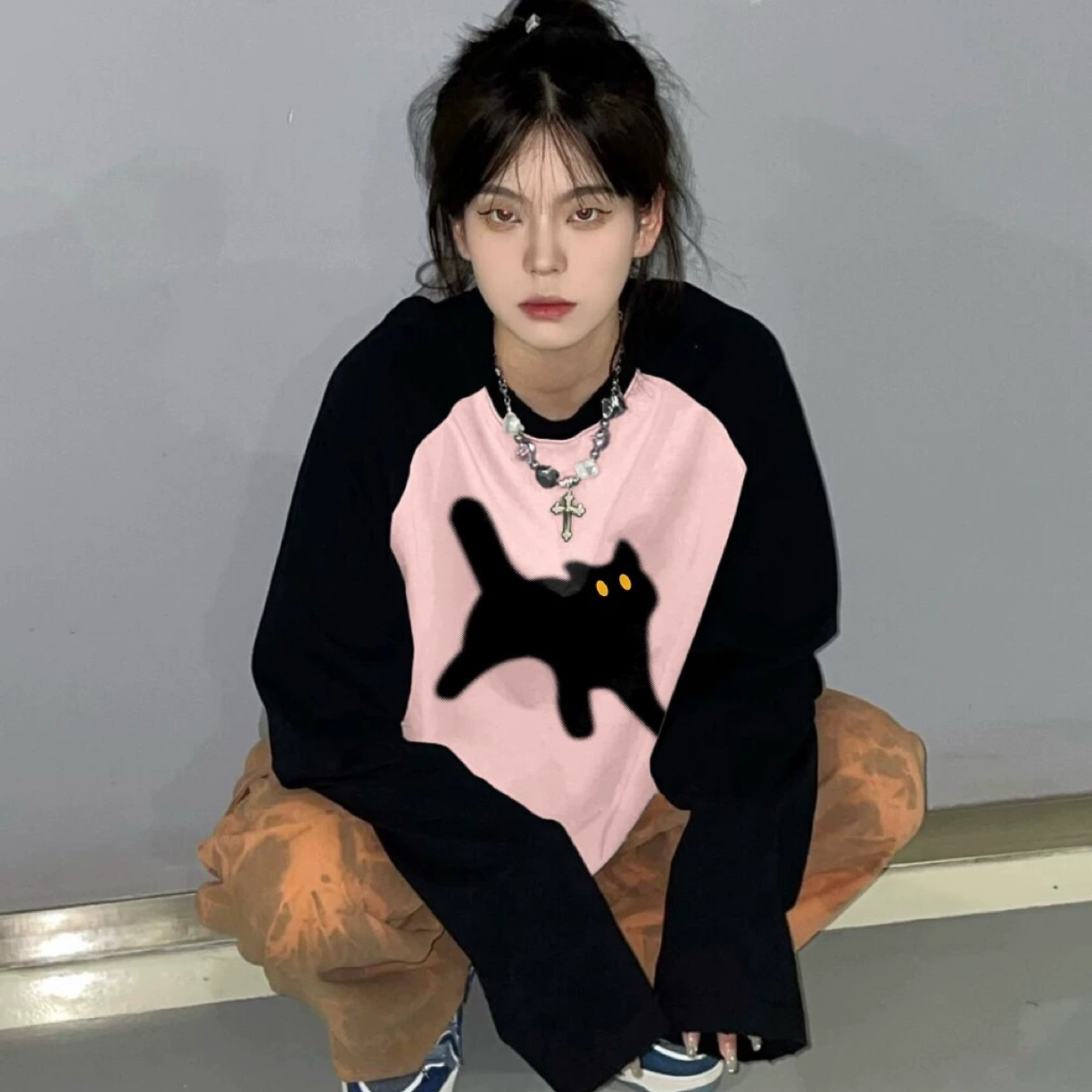 2065#插肩袖黑猫子卫衣