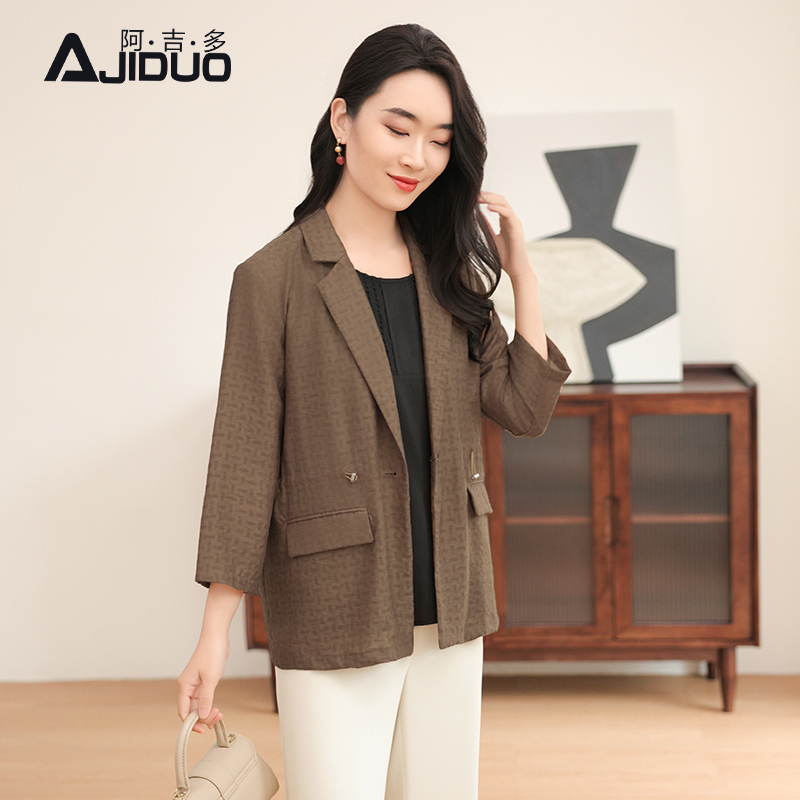 阿吉多七分袖提花西装外套女2025新款夏季收腰西服高级通勤上衣