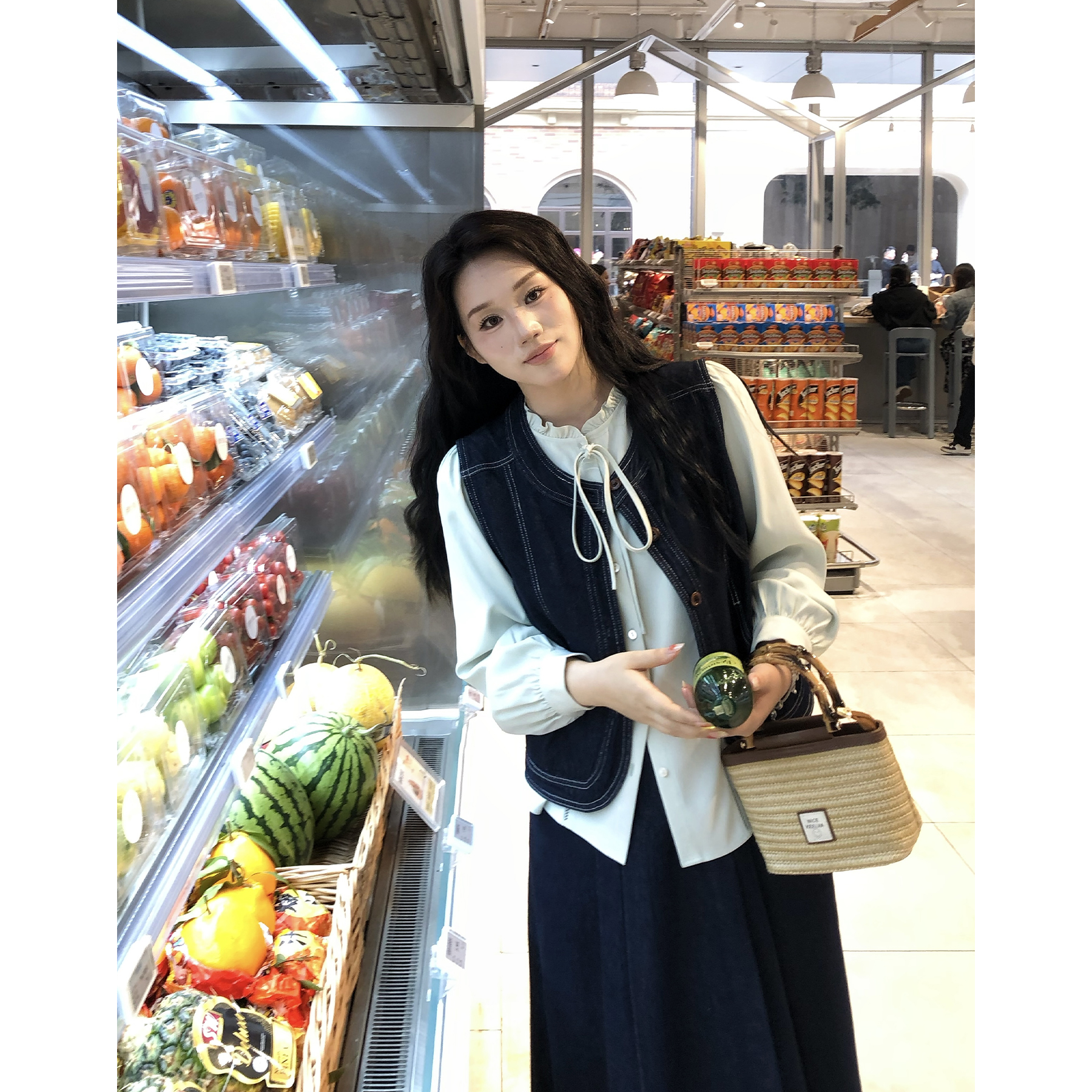 月半鱼【内购会】法式上衣女甜美木耳边蝴蝶结系带早春长袖衬衫